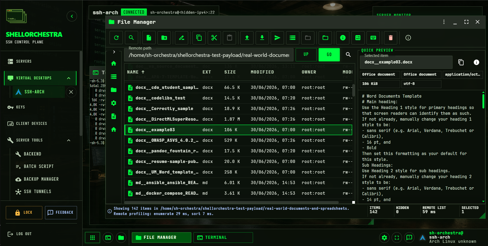 ShellOrchestra overview showing server navigation, a virtual desktop, File Manager, quick preview, and server monitor